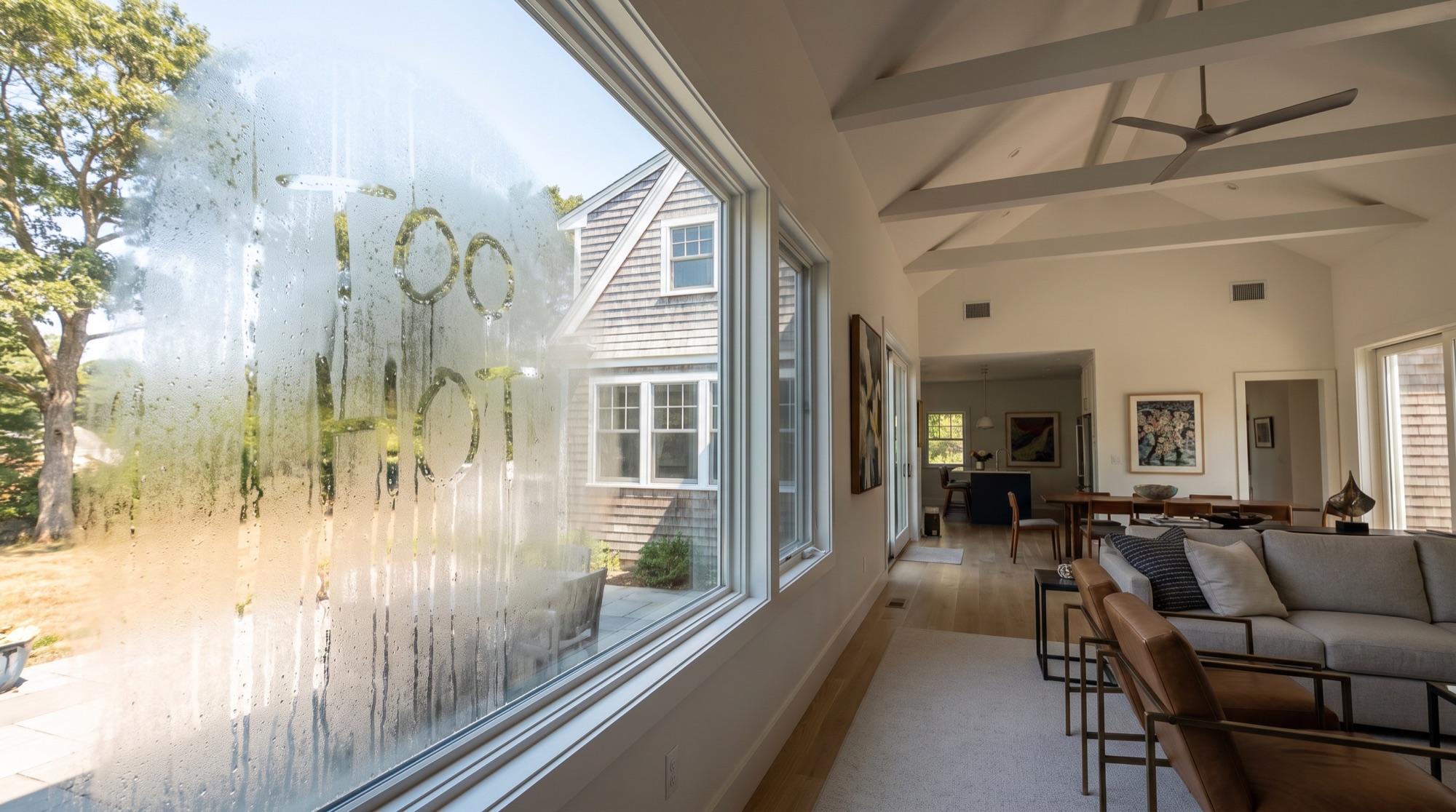 Living room window fogged with condensation with Too Hot written on the glass