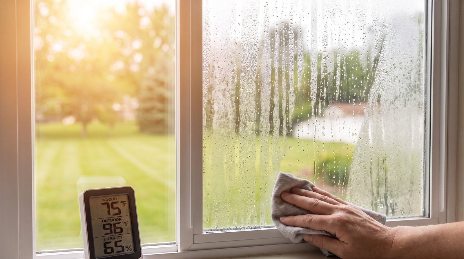 Indoor thermometer showing 75 degrees indoors, 96 degrees outdoors and 65 percent humidity in front of a window covered in condensation, with a hand wiping the fogged glass